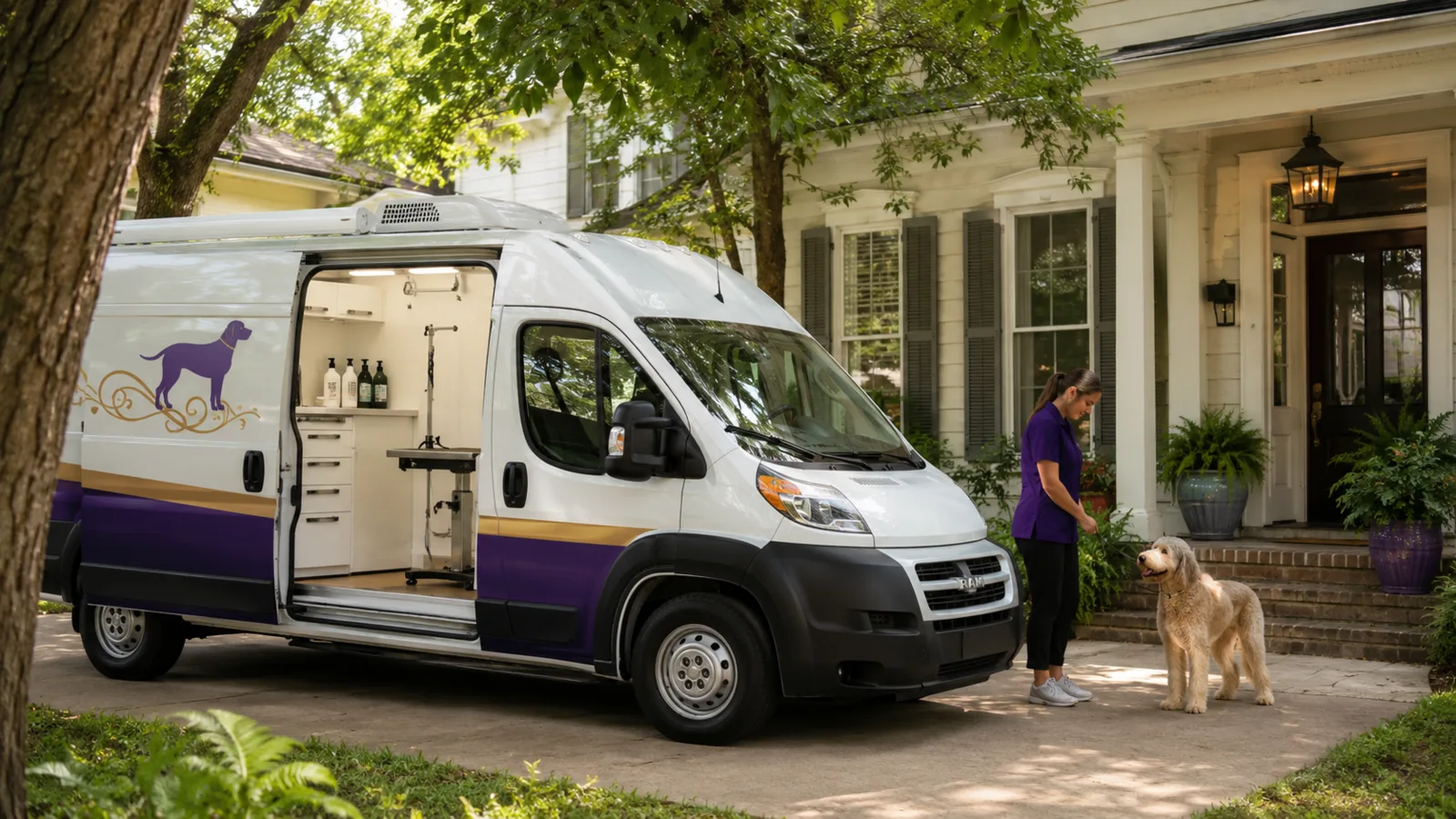 Mobile grooming van parked outside a Baton Rouge home