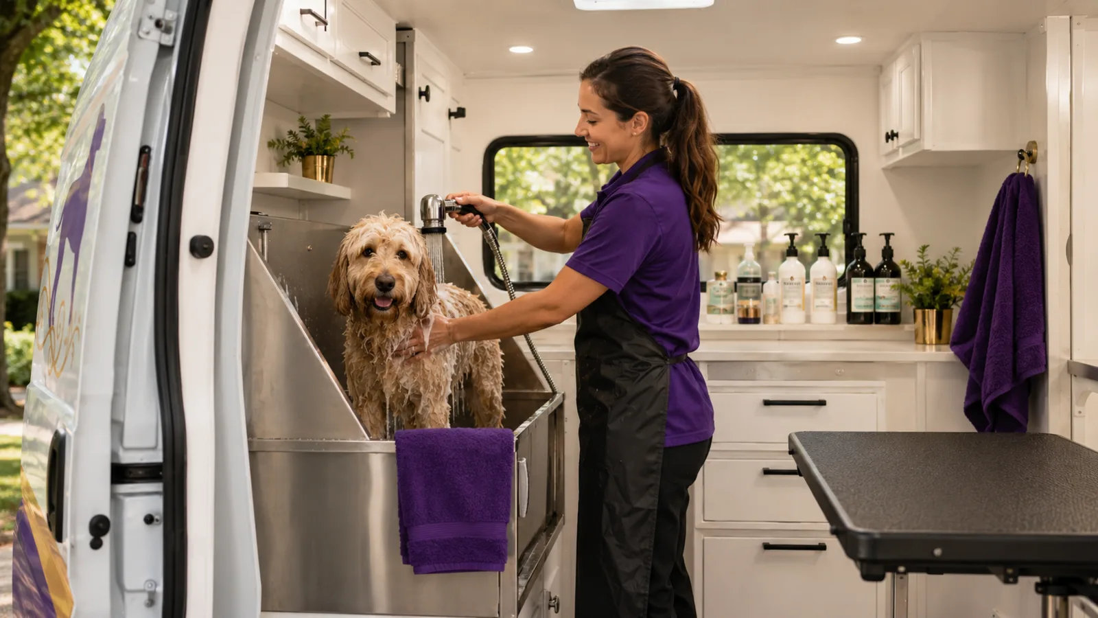 Dog receiving a bath inside a mobile grooming van