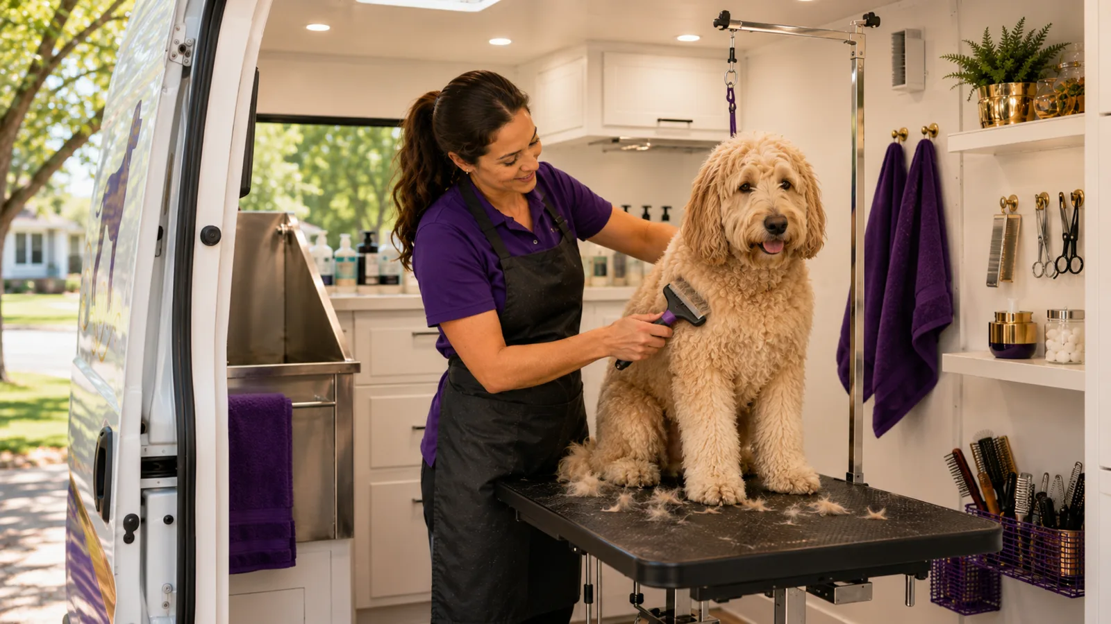 Groomer brushing a shedding dog inside a mobile grooming van