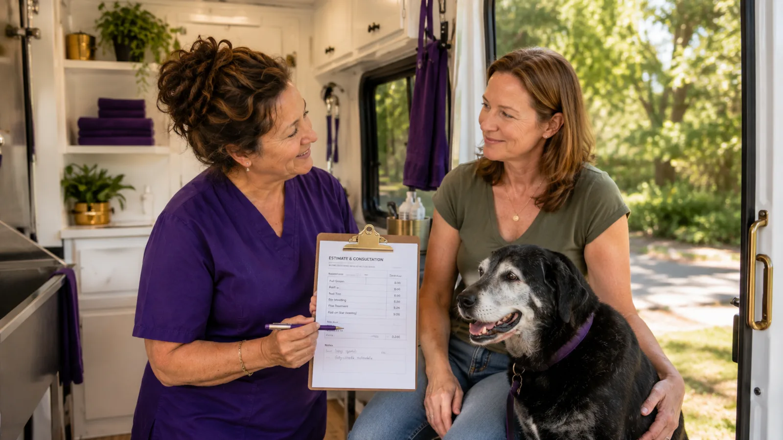 Mobile groomer reviewing an estimate and consultation with a dog owner