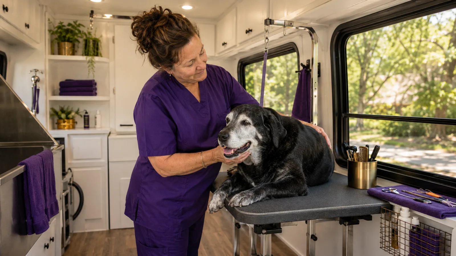 Senior dog receiving calm one-on-one grooming inside a mobile grooming van