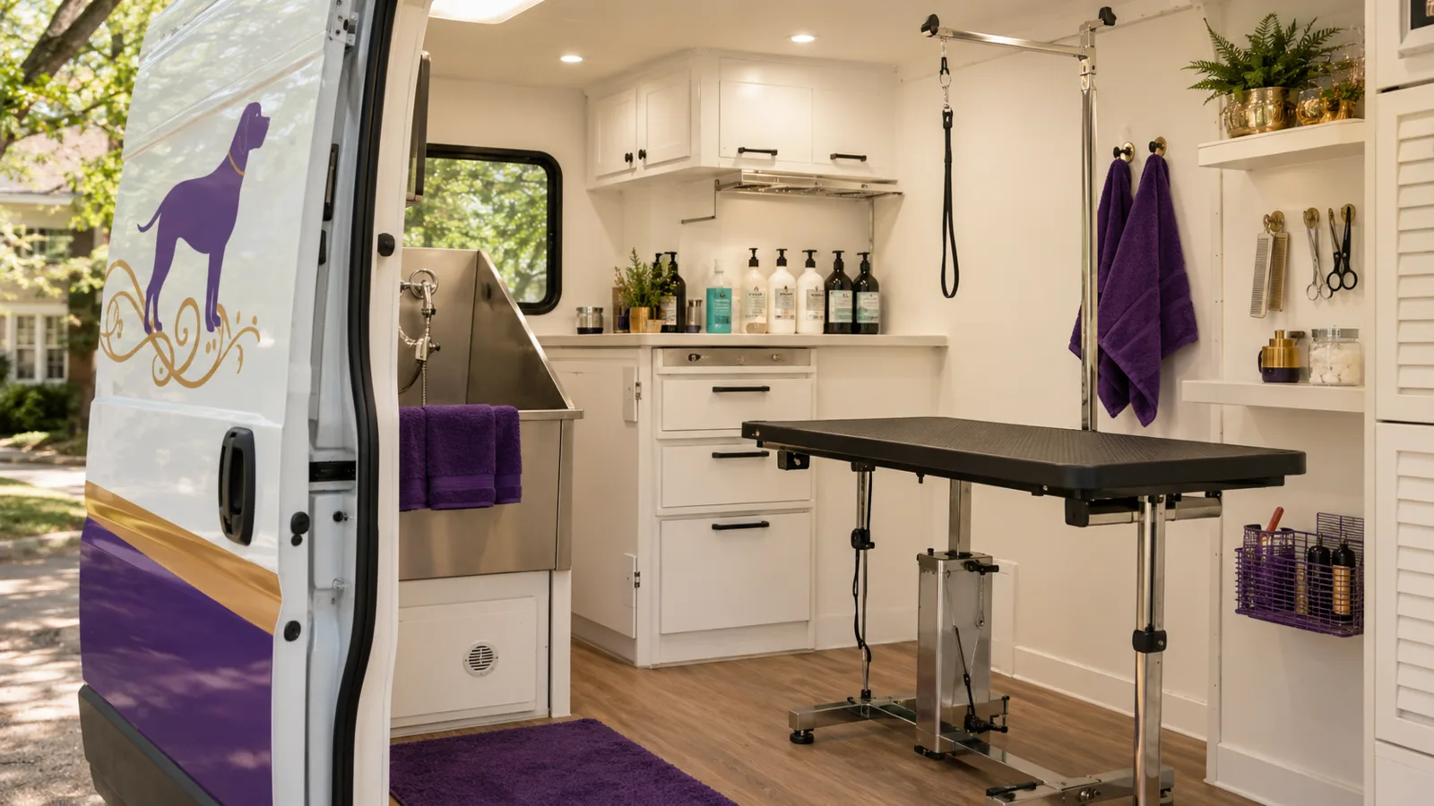 Inside a clean mobile dog grooming van in Baton Rouge